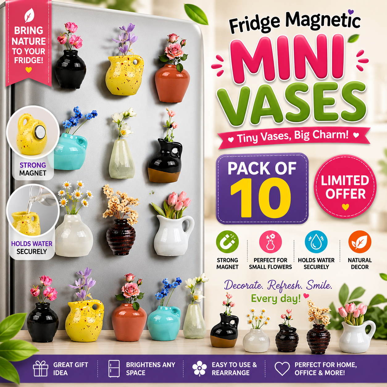 Fridge Magnetic Vases 🌸PACK OF 10🪴